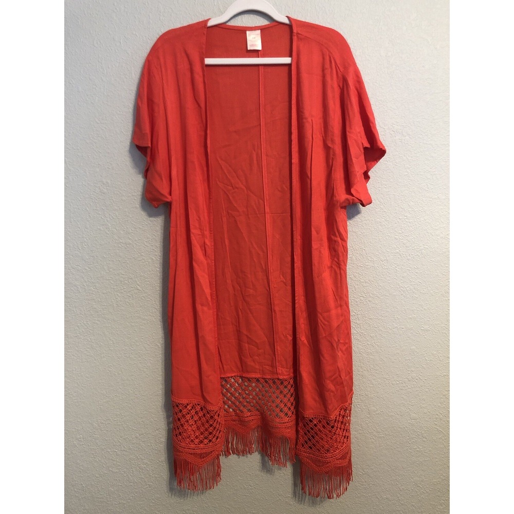 No Boundaries Womens Cardigan S/M Pink Fringe‎ Hem Open Front Crochet Boho
